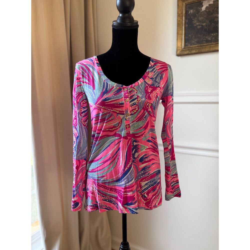 Lilly Pulitzer 100% Pima Cotton Pink Fuschia Blues Wide Scoopneck Top XS
